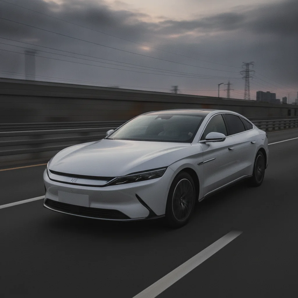 BYD Han in Fahrt auf einer Autobahn in der Abenddämmerung, jetzt verkaufen bei Aampere