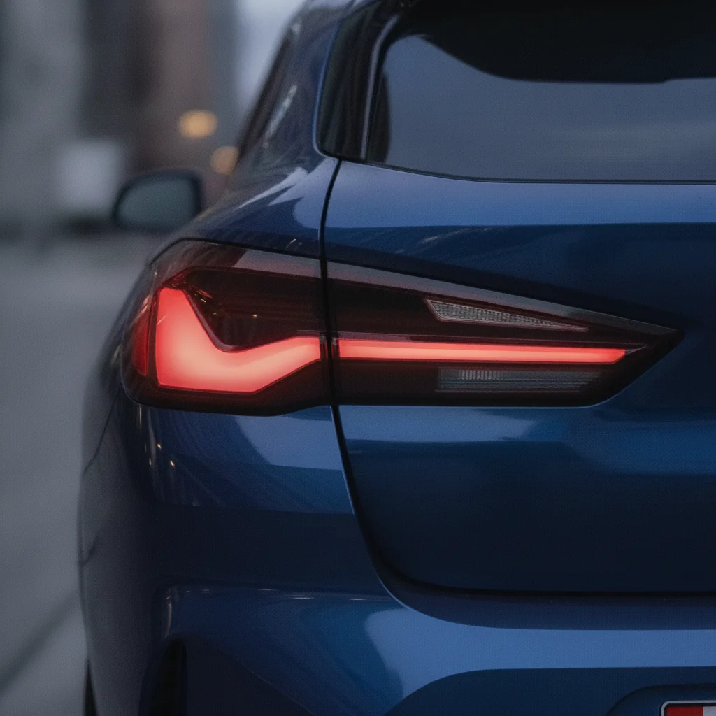 Heck-Detail eines blauen BMW iX2 mit Rückleuchte