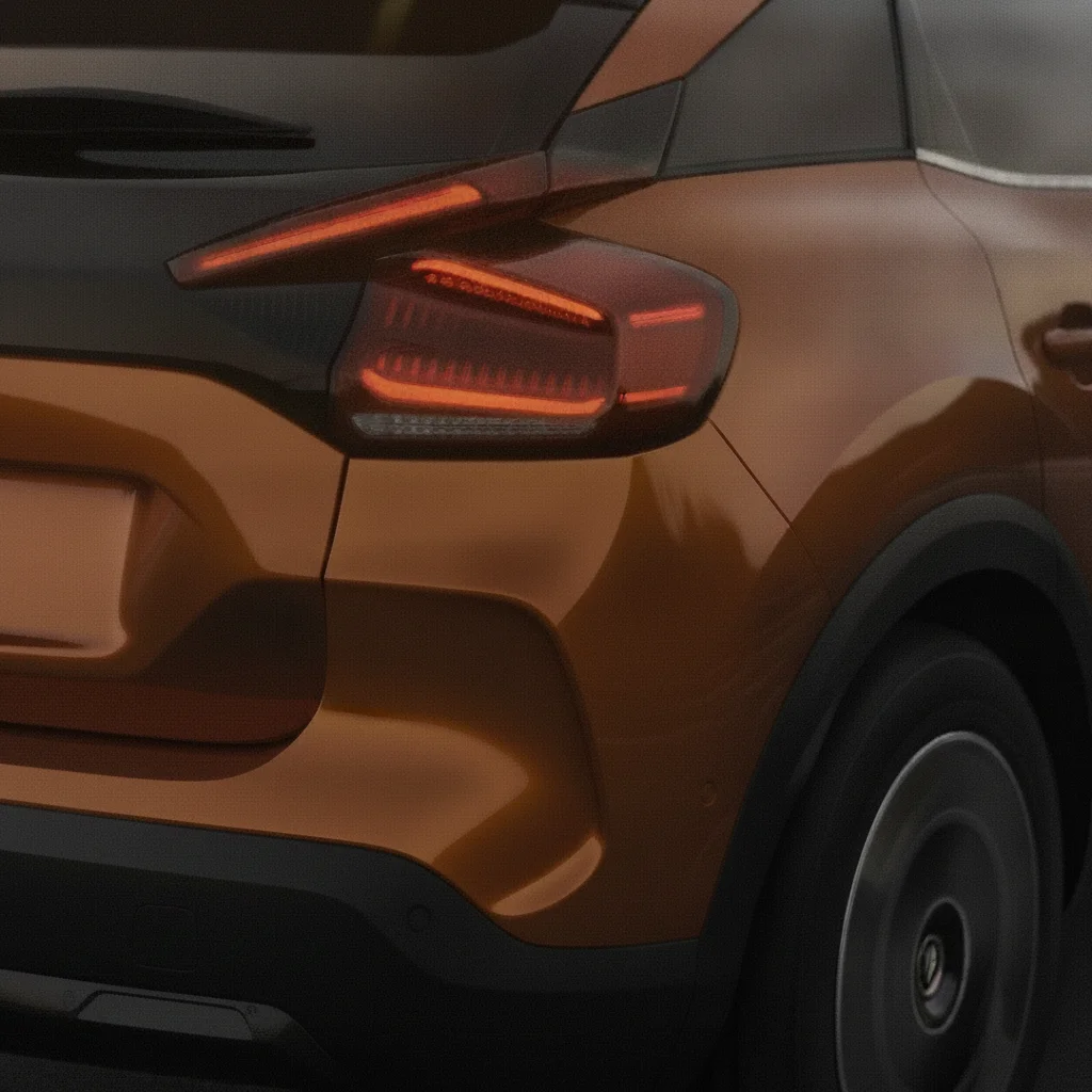 Heck-Detail eines orangen Citroën ë-C4 mit Rückleuchte
