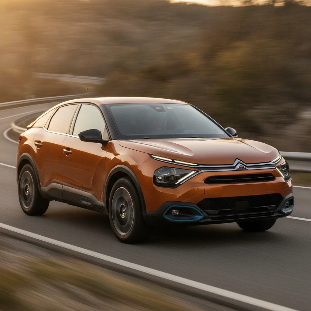 Citroën ë-C4 in Fahrt auf einer Landstraße im goldenen Licht, jetzt verkaufen bei Aampere
