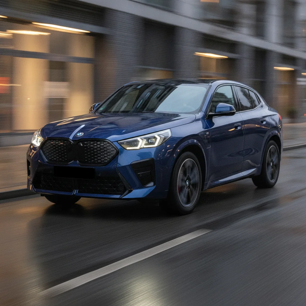 BMW iX2 in Fahrt in einer modernen Stadt bei Dämmerung, jetzt verkaufen bei Aampere
