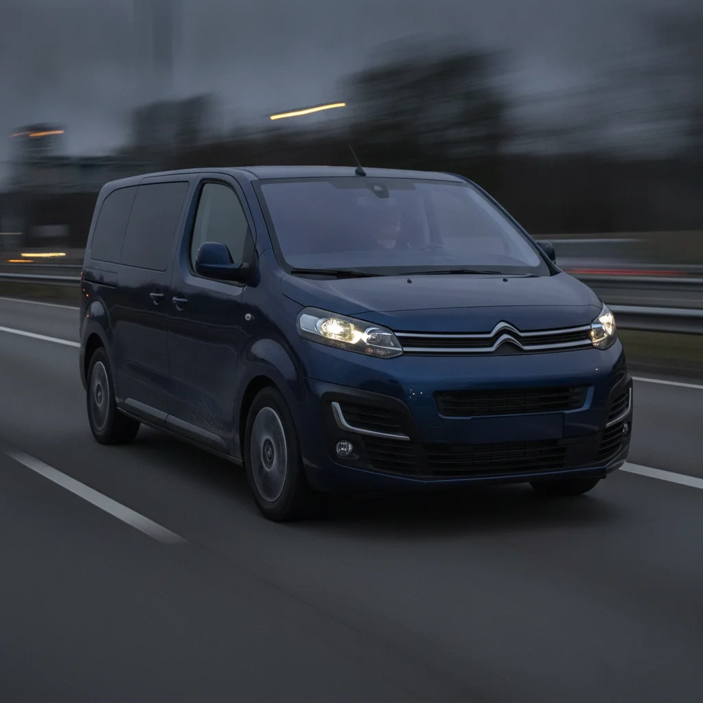 Citroën ë-SpaceTourer in Fahrt auf der Autobahn in der Abenddämmerung, jetzt verkaufen bei Aampere