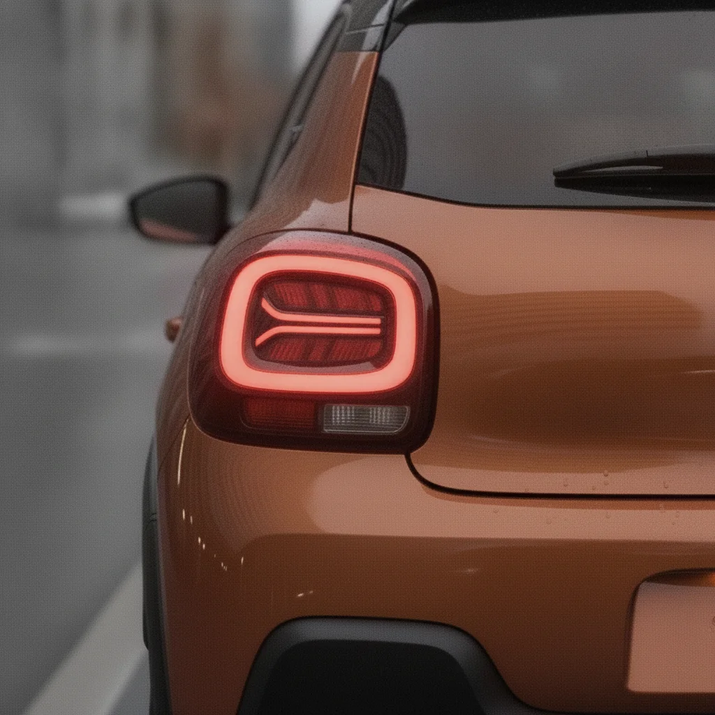 Heck-Detail eines orangen Citroën ë-C3 mit Rückleuchte