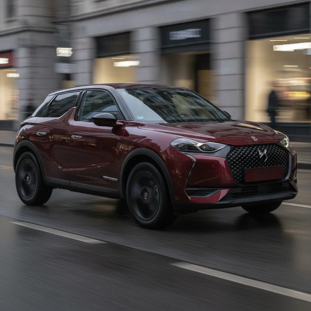 DS 3 E-Tense in Fahrt in einer modernen Stadt bei Dämmerung, jetzt verkaufen bei Aampere
