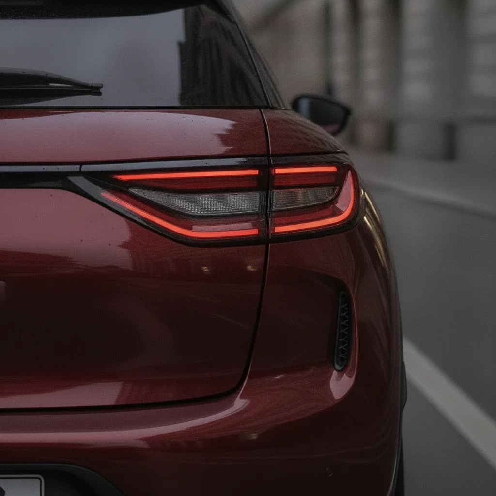 Heck-Detail eines roten DS 3 E-Tense mit Rückleuchte