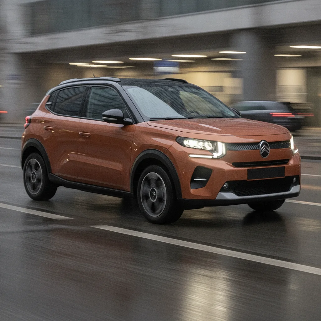 Citroën ë-C3 in Fahrt in einer modernen Stadt bei Dämmerung, jetzt verkaufen bei Aampere