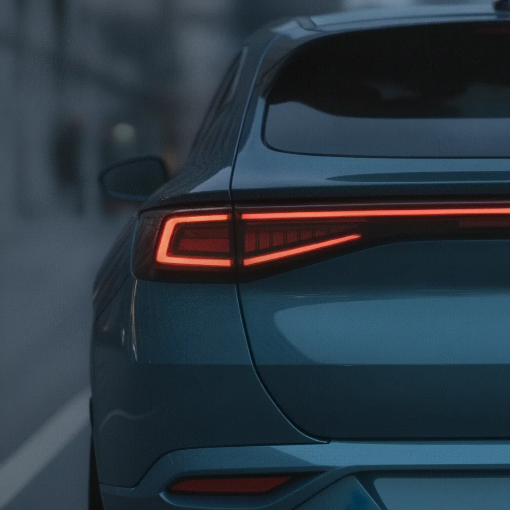 Heck-Detail eines blauen Cupra Tavascan mit Rückleuchte