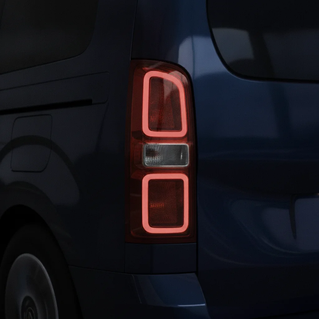 Heck-Detail eines blauen Citroën ë-SpaceTourer mit Rückleuchte
