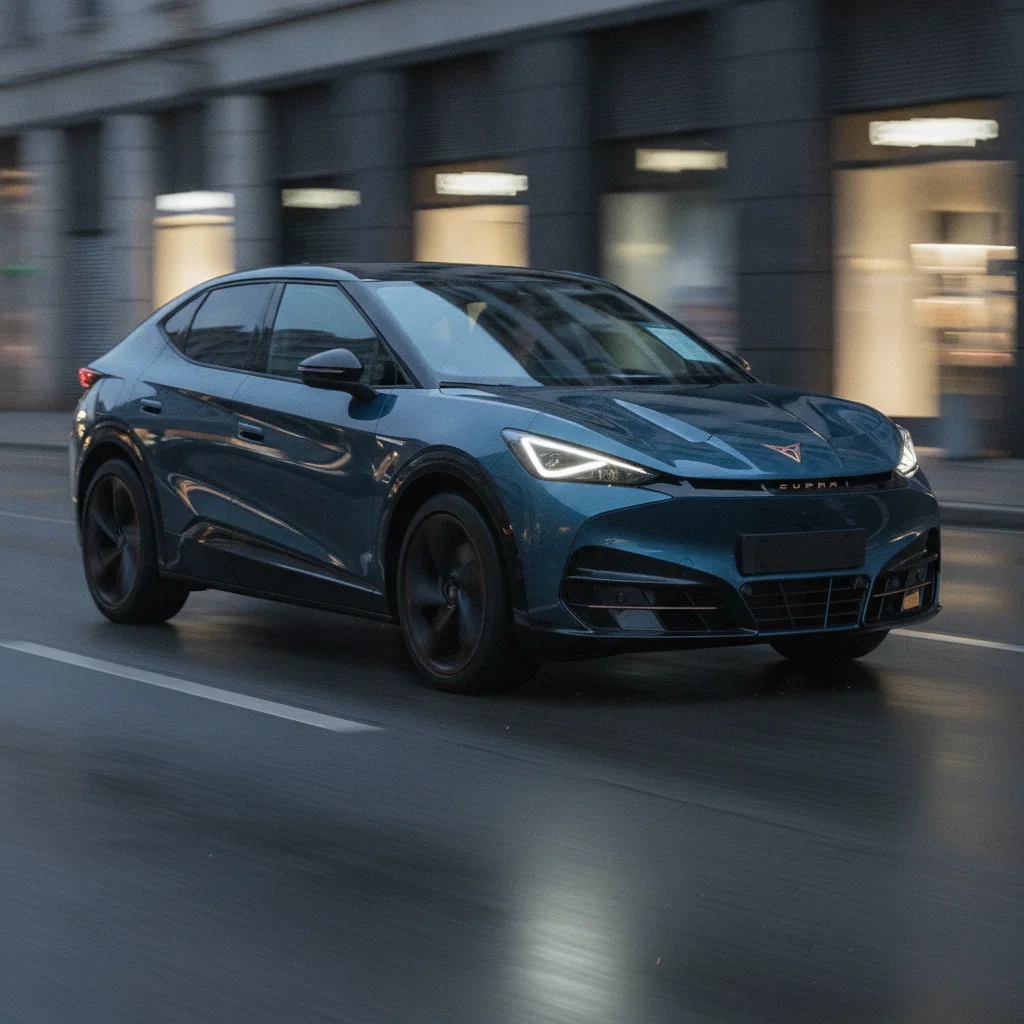 Cupra Tavascan in Fahrt in einer modernen Stadt bei Dämmerung, jetzt verkaufen bei Aampere