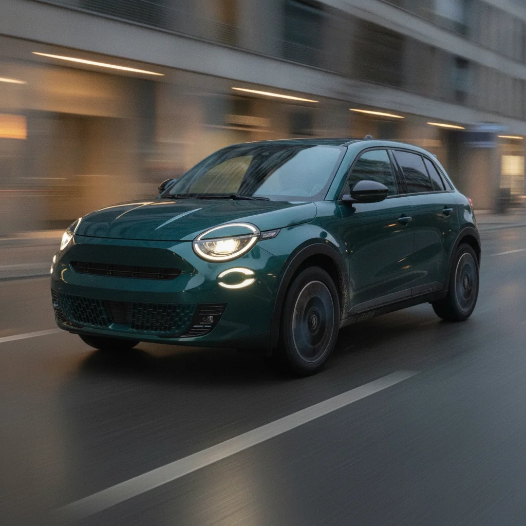 Fiat 600e in Fahrt in der Stadt bei Dämmerung, jetzt verkaufen bei Aampere