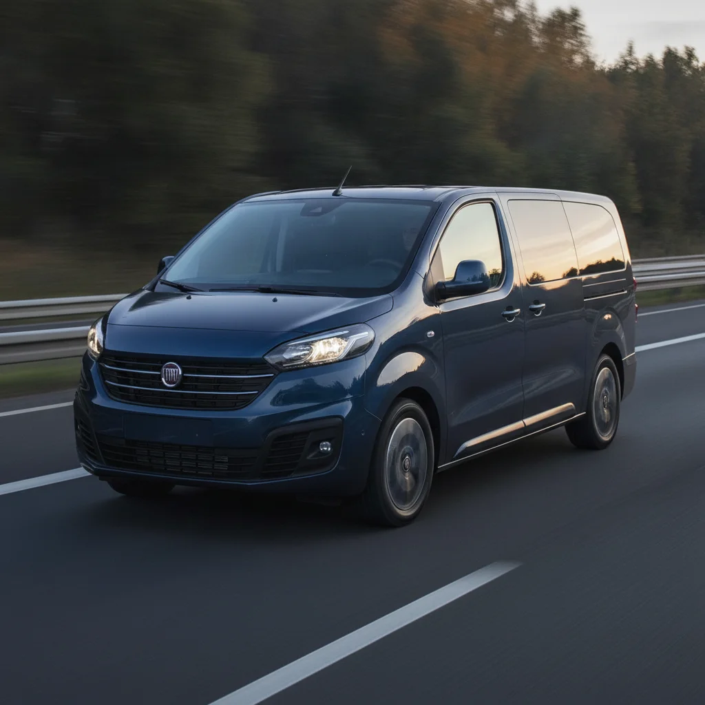 Fiat E-Ulysse in Fahrt auf der Autobahn in der Abenddämmerung, jetzt verkaufen bei Aampere