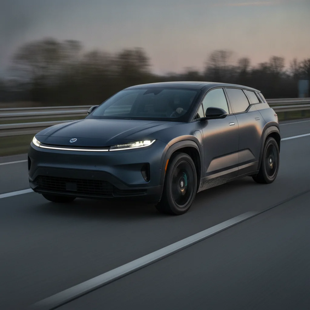 Fisker Ocean in Fahrt auf einer Landstraße im goldenen Licht, jetzt verkaufen bei Aampere