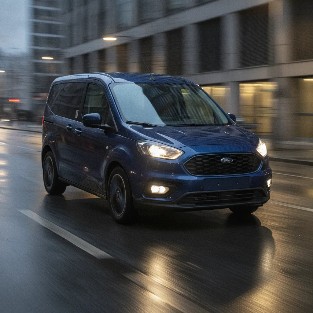 Ford E-Tourneo Courier in Fahrt in der Stadt bei Dämmerung, jetzt verkaufen bei Aampere
