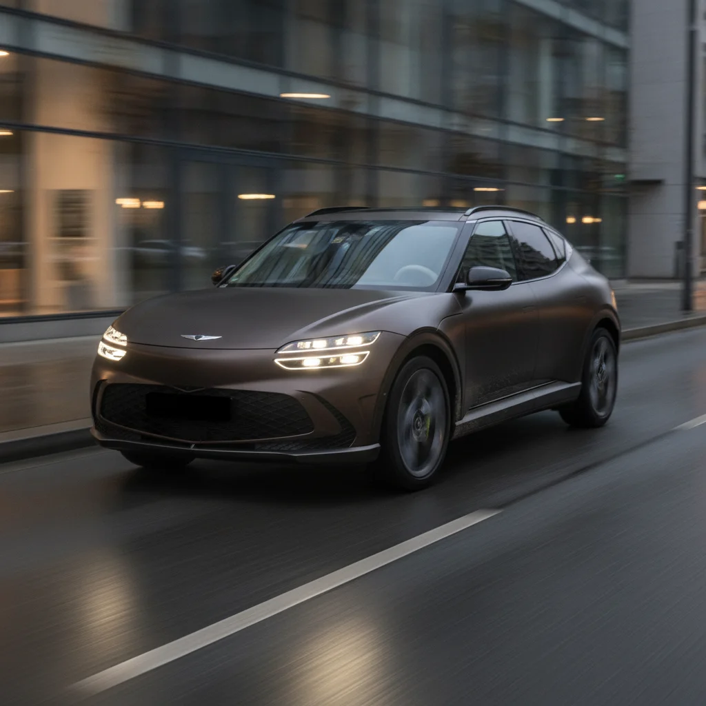 Genesis GV60 in Fahrt in der Stadt bei Dämmerung, jetzt verkaufen bei Aampere