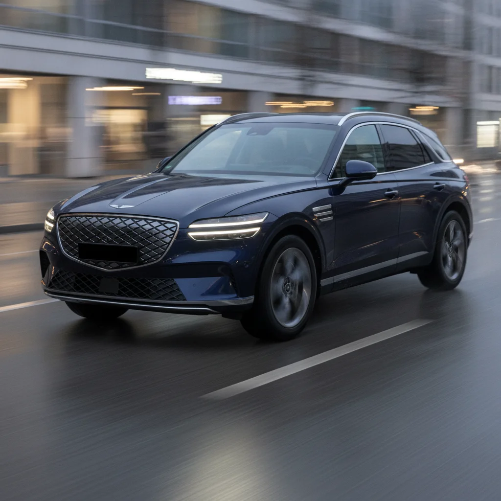 Genesis Electrified GV70 in Fahrt auf einer Landstraße im goldenen Licht, jetzt verkaufen bei Aampere