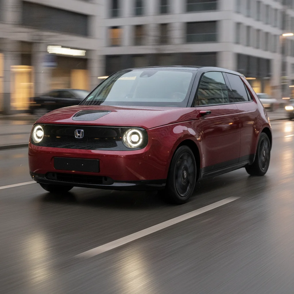 Honda e in Fahrt in der Stadt bei Dämmerung, jetzt verkaufen bei Aampere