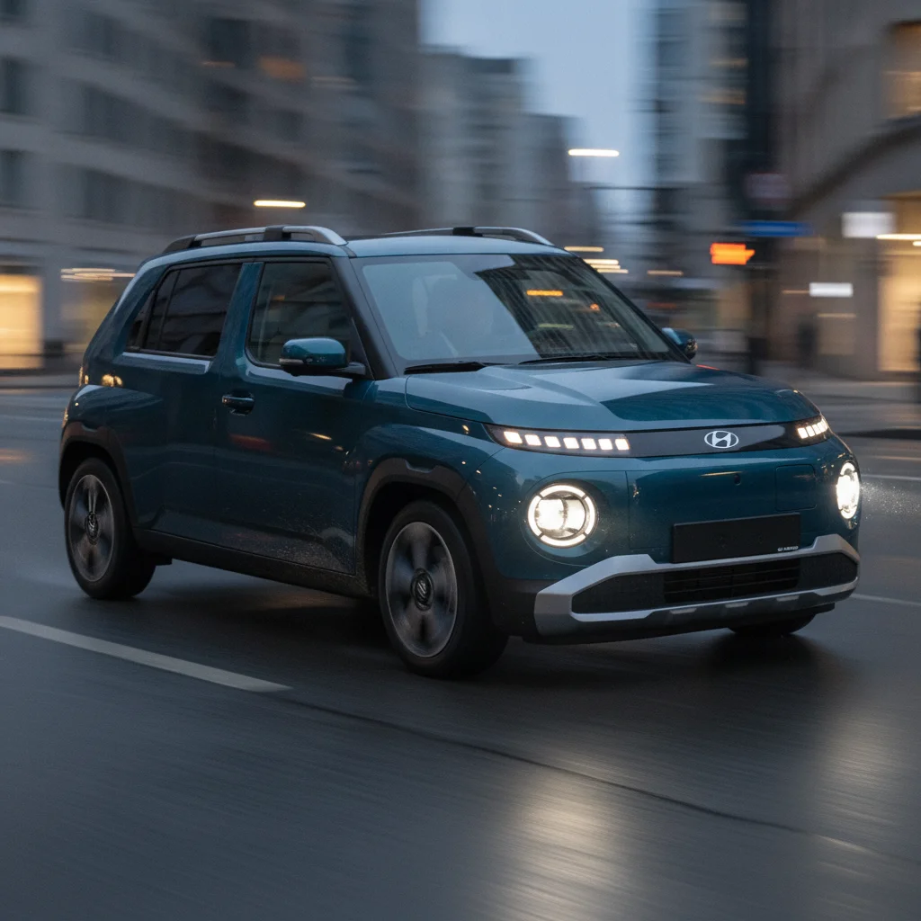 Hyundai Inster in Fahrt in der Stadt bei Dämmerung, jetzt verkaufen bei Aampere