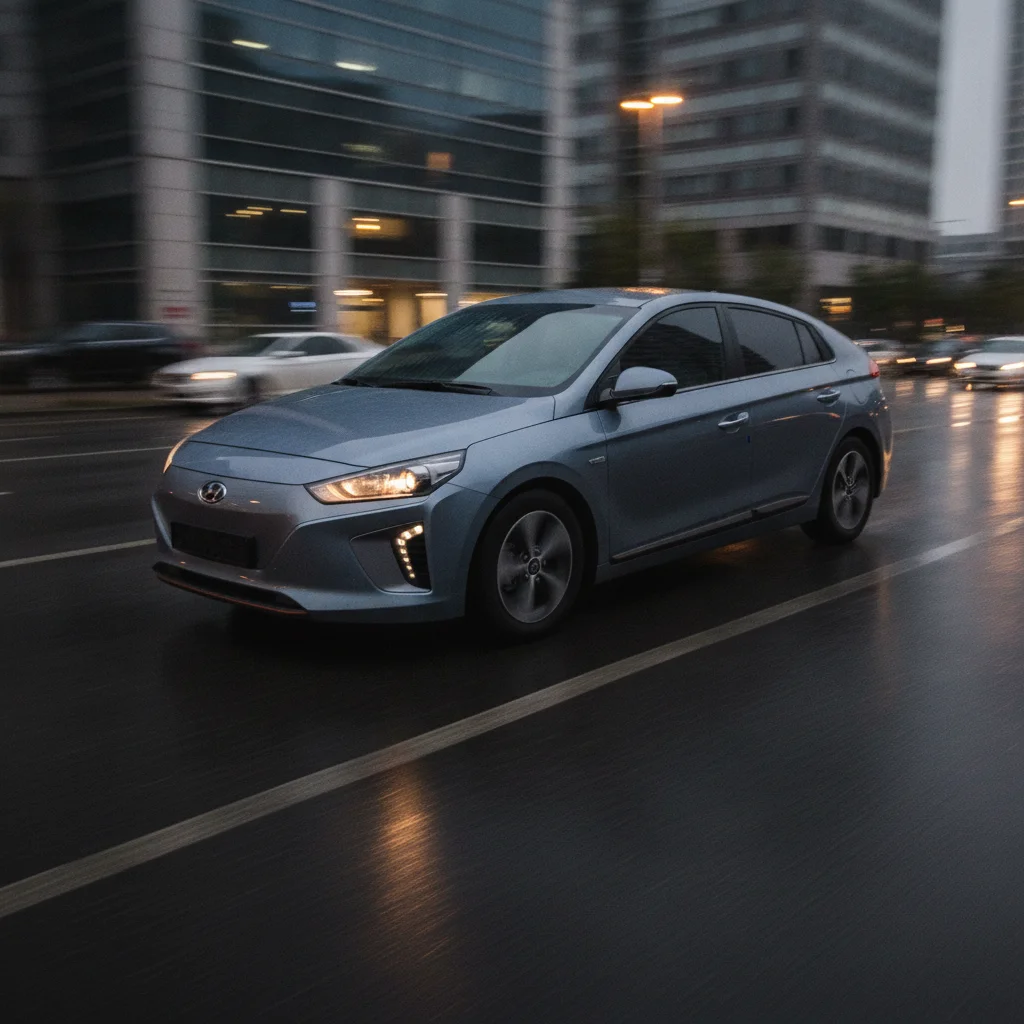 Hyundai Ioniq Elektro in Fahrt in der Stadt bei Dämmerung, jetzt verkaufen bei Aampere