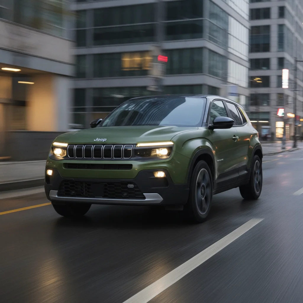 Jeep Avenger in Fahrt in der Stadt bei Dämmerung, jetzt verkaufen bei Aampere