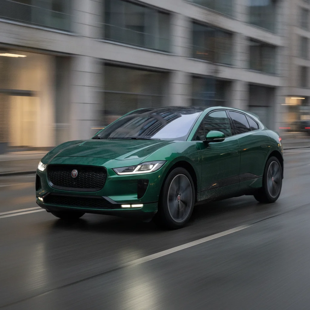 Jaguar I-PACE in Fahrt in der Stadt bei Dämmerung, jetzt verkaufen bei Aampere