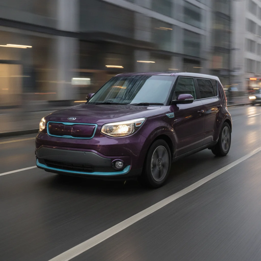 Kia Soul EV in Fahrt in der Stadt bei Dämmerung, jetzt verkaufen bei Aampere