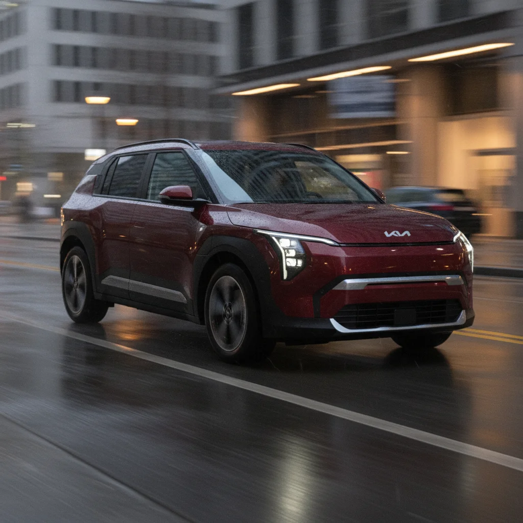 Kia EV3 in Fahrt in der Stadt bei Dämmerung, jetzt verkaufen bei Aampere
