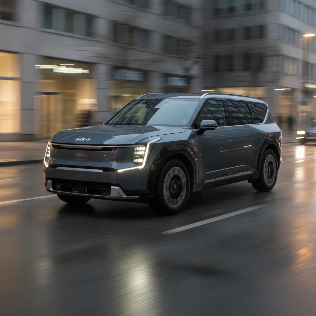 Kia EV9 in Fahrt in der Stadt bei Dämmerung, jetzt verkaufen bei Aampere