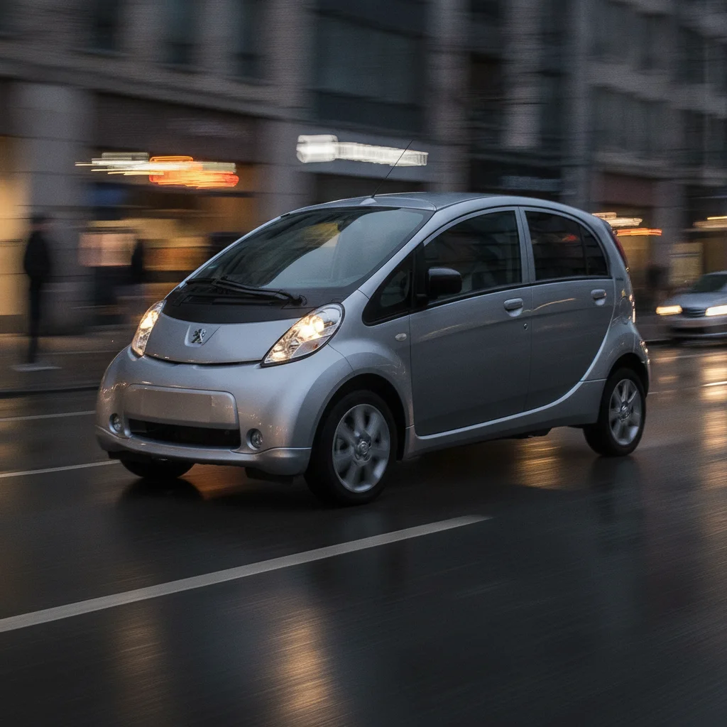 Peugeot iOn in Fahrt in einer modernen Stadt bei Dämmerung, jetzt verkaufen bei Aampere