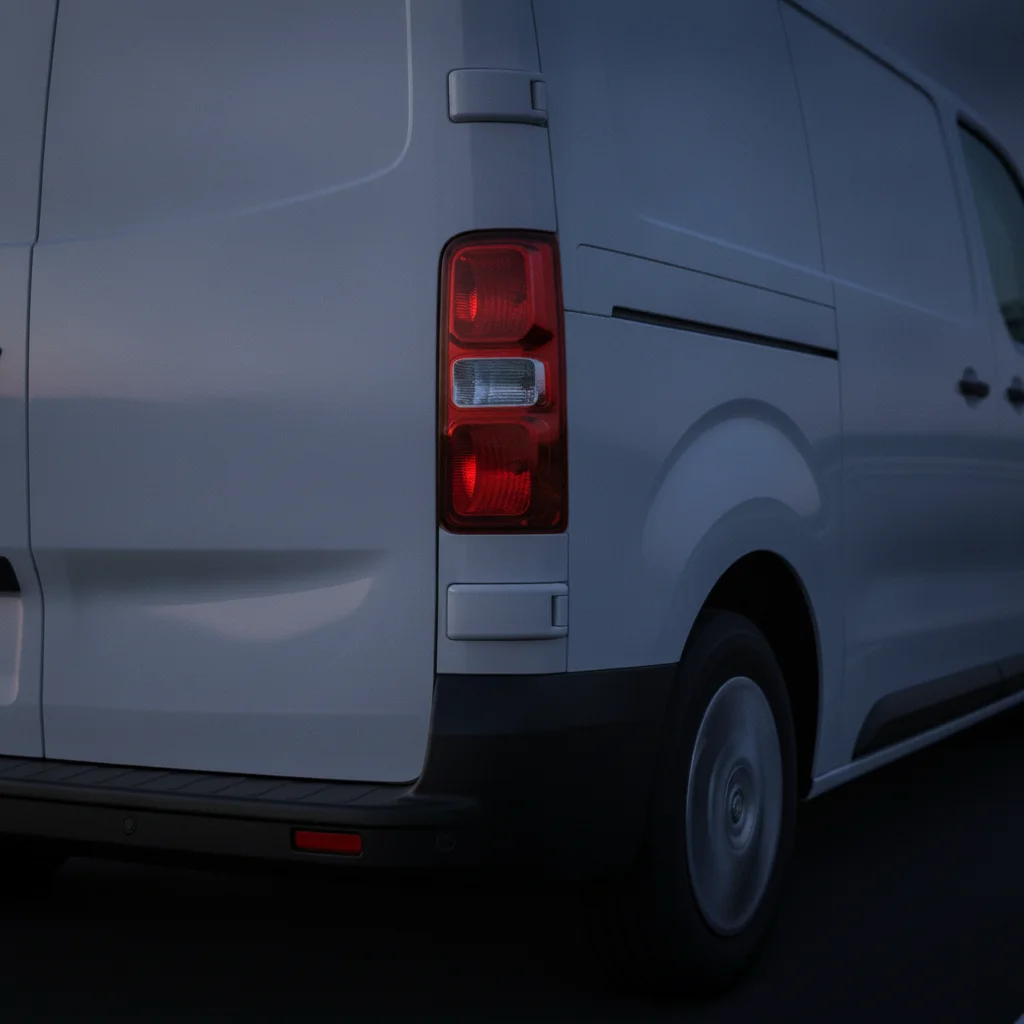 Opel Vivaro-e Heckdetail auf einer Autobahn in der Abenddämmerung, jetzt verkaufen bei Aampere