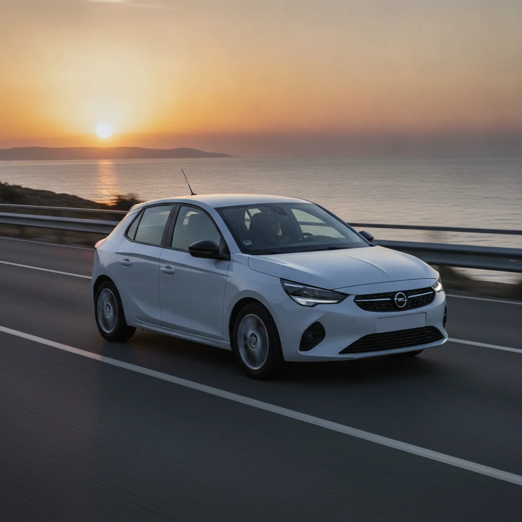 Opel Corsa Electric in Fahrt auf einer Küstenstraße bei Sonnenuntergang, jetzt verkaufen bei Aampere