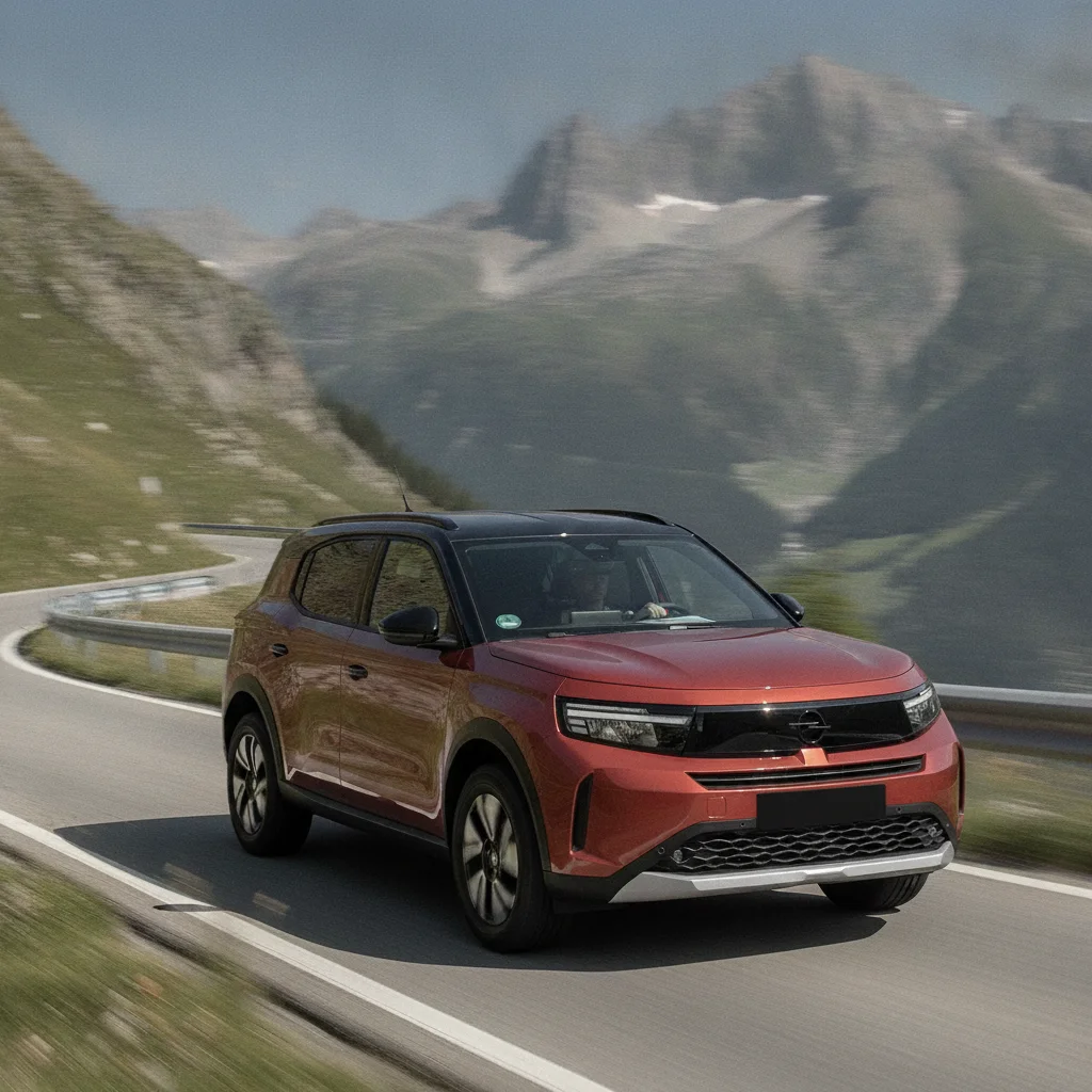 Opel Frontera Electric in Fahrt auf einer Bergpass-Serpentine, jetzt verkaufen bei Aampere
