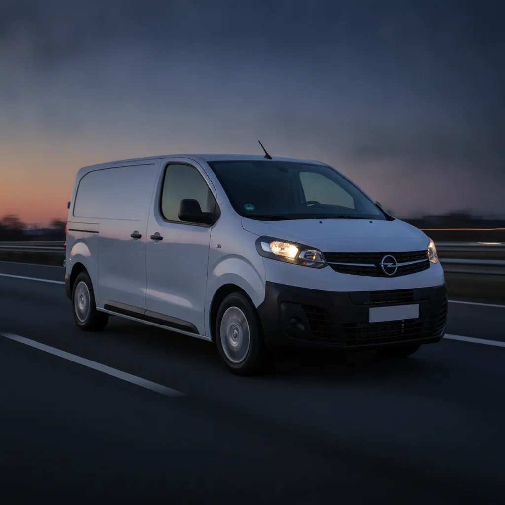 Opel Vivaro-e in Fahrt auf einer Autobahn in der Abenddämmerung, jetzt verkaufen bei Aampere