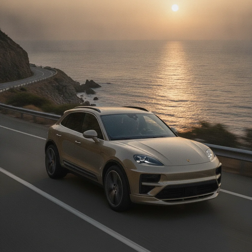 Porsche Macan Electric in Fahrt auf einer Bergpass-Serpentine, jetzt verkaufen bei Aampere