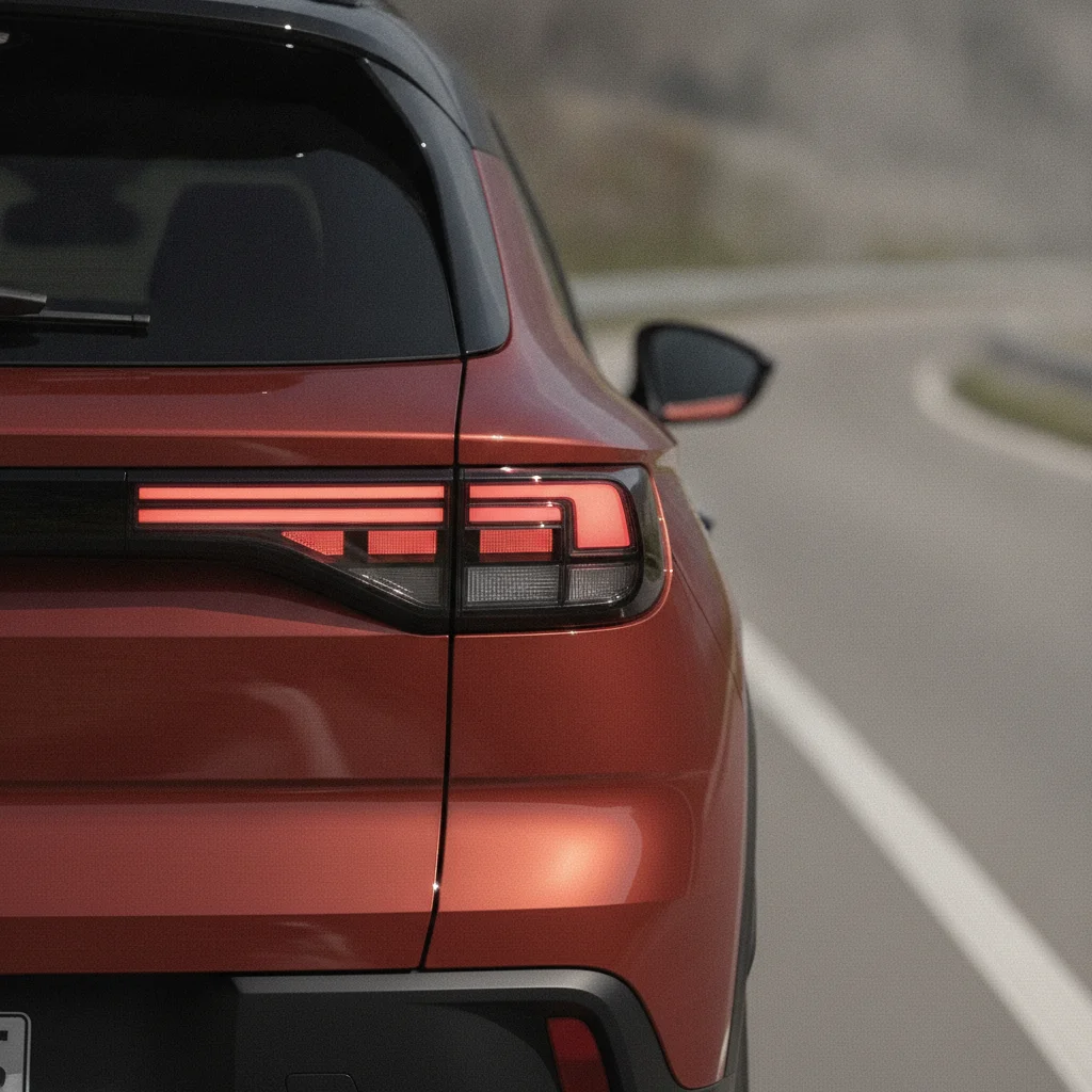 Opel Frontera Electric Heckdetail auf einer Bergpass-Serpentine, jetzt verkaufen bei Aampere