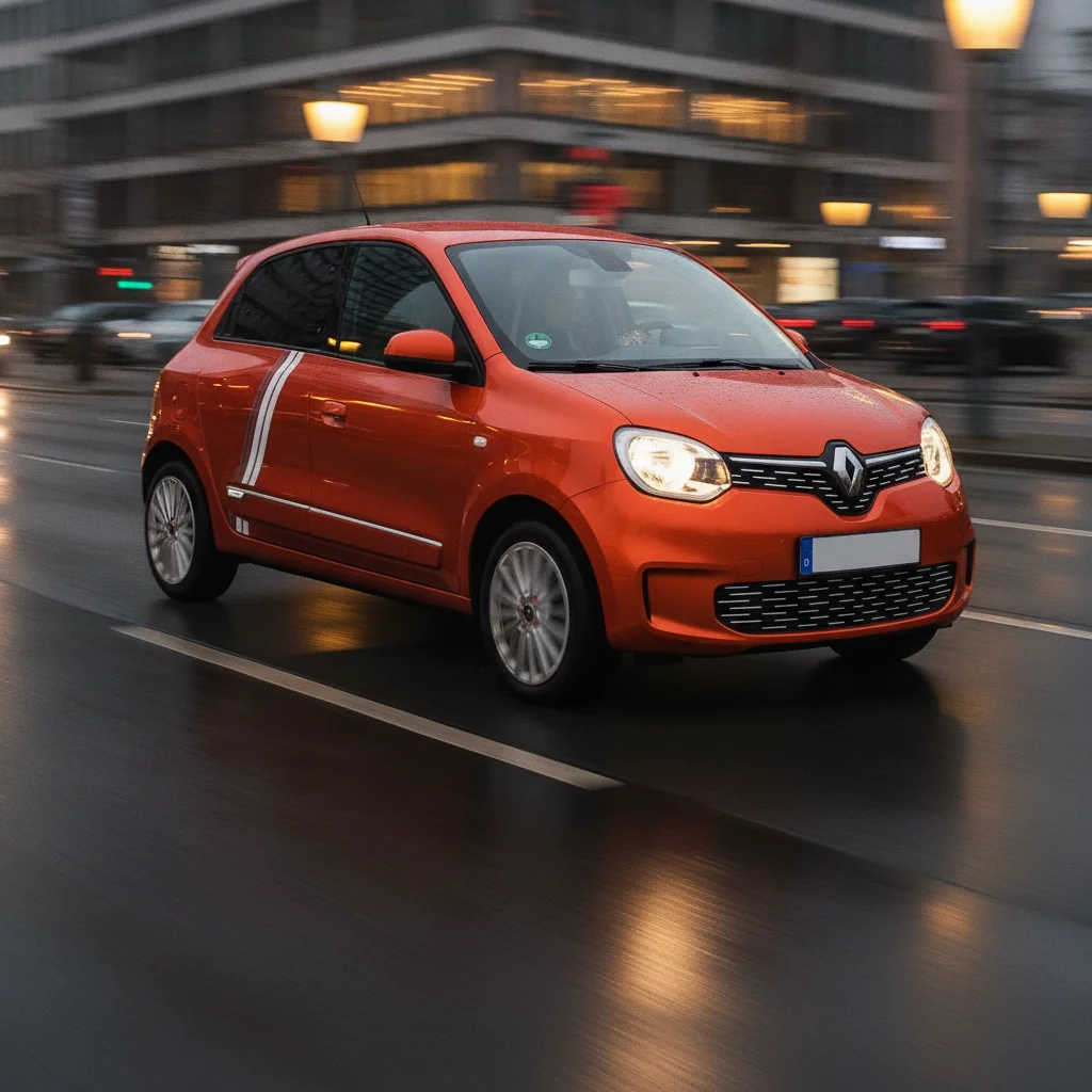 Renault Twingo Electric in Fahrt in einer modernen Stadt bei Dämmerung, jetzt verkaufen bei Aampere