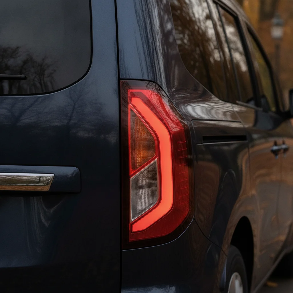 Renault Kangoo E-Tech Heckdetail auf einer Allee mit Herbstlaub, jetzt verkaufen bei Aampere