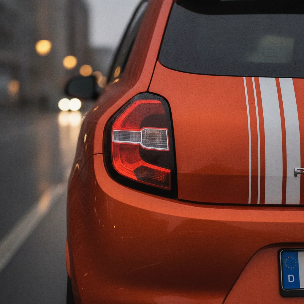 Renault Twingo Electric Heckdetail in einer modernen Stadt bei Dämmerung, jetzt verkaufen bei Aampere