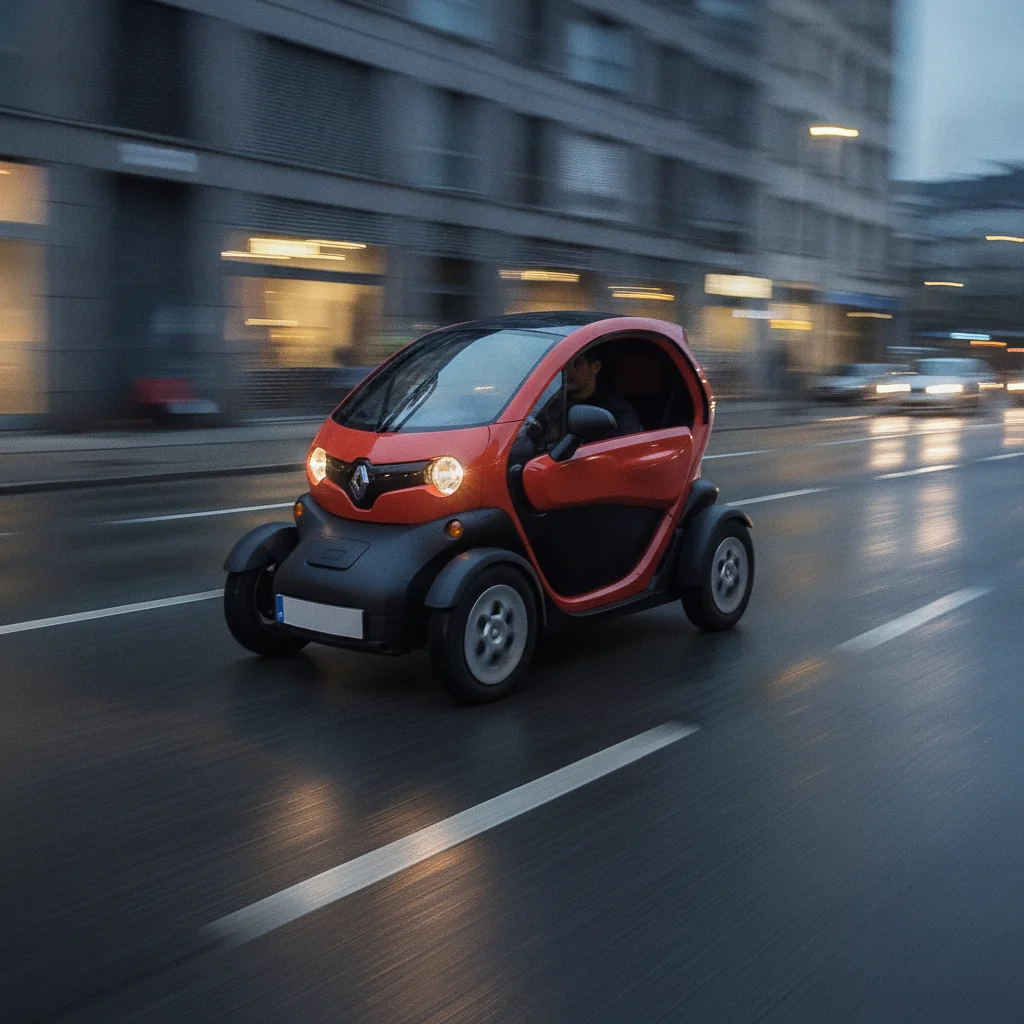 Renault Twizy in Fahrt in einer modernen Stadt bei Dämmerung, jetzt verkaufen bei Aampere