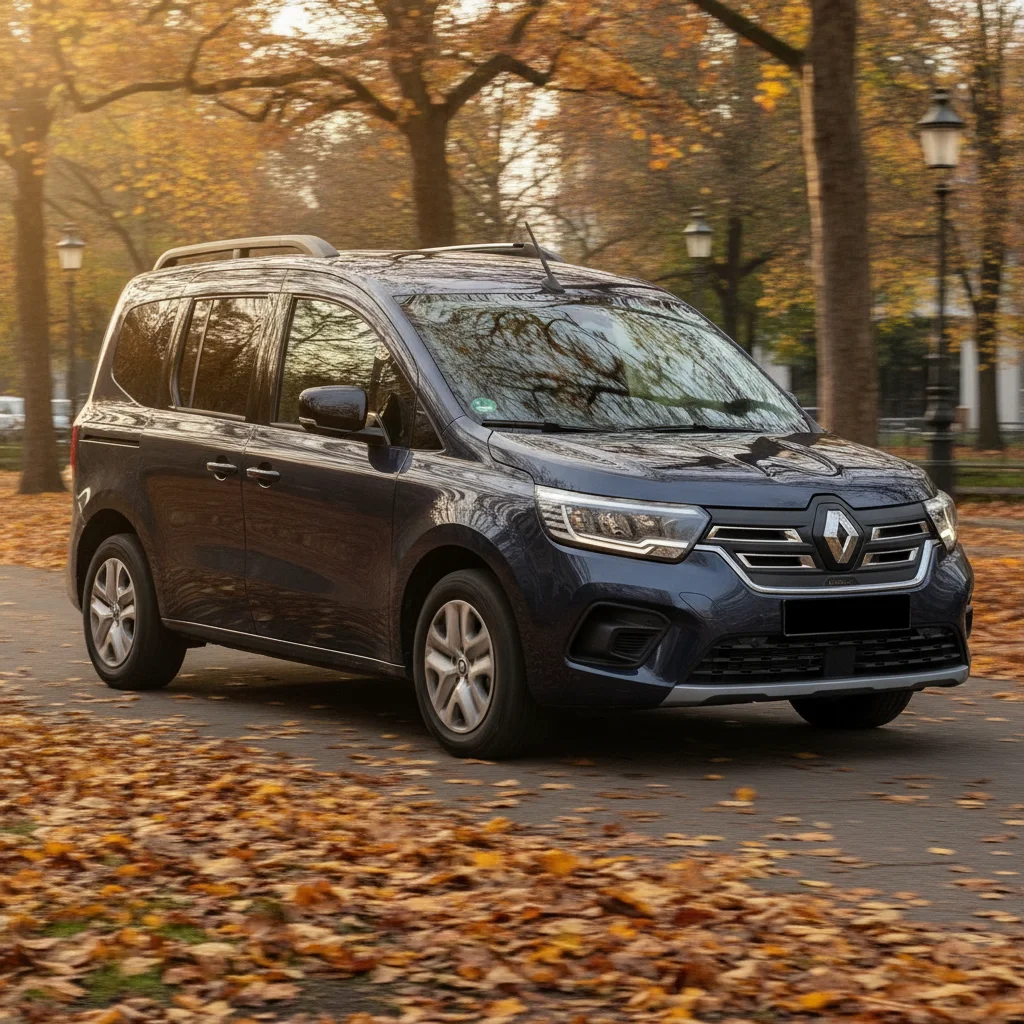 Renault Kangoo E-Tech in Fahrt auf einer Allee mit Herbstlaub, jetzt verkaufen bei Aampere