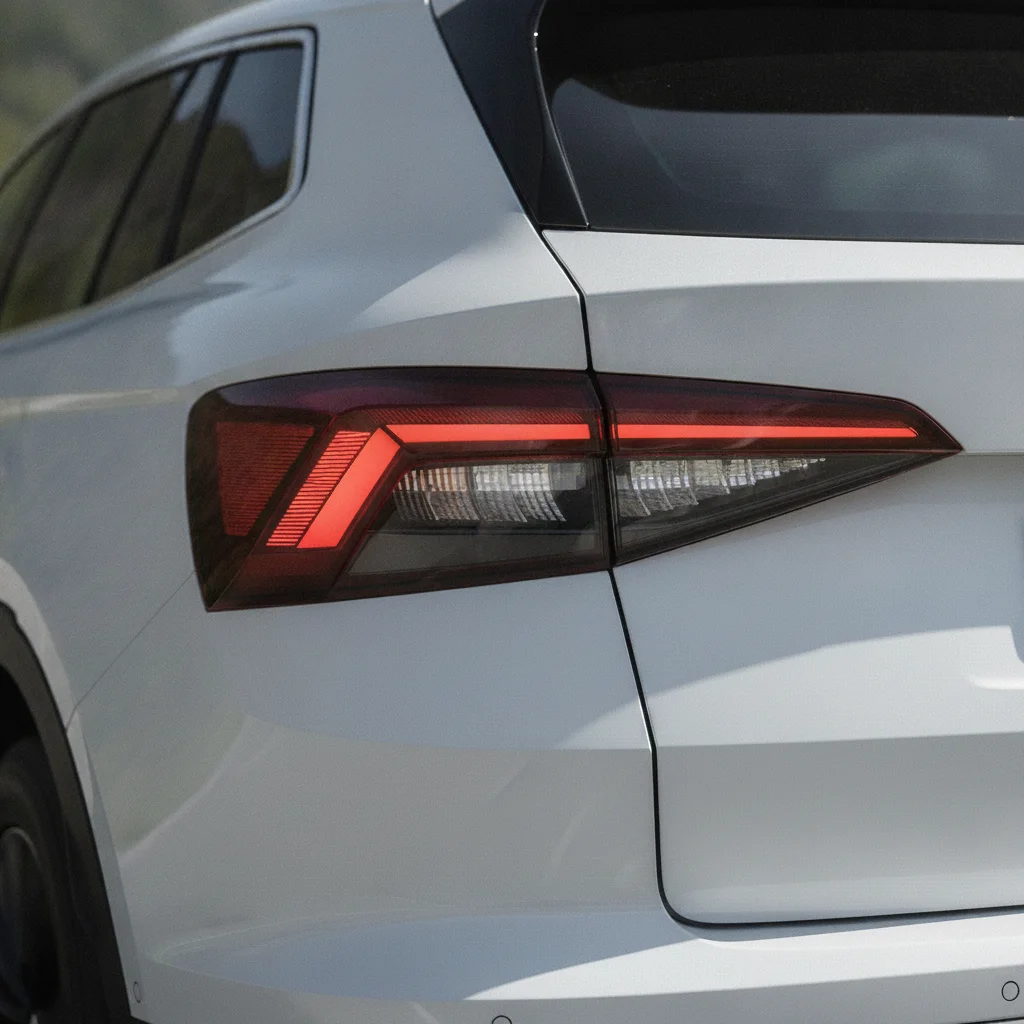 Skoda Elroq Heckdetail auf einer Küstenstraße bei Sonnenuntergang, jetzt verkaufen bei Aampere