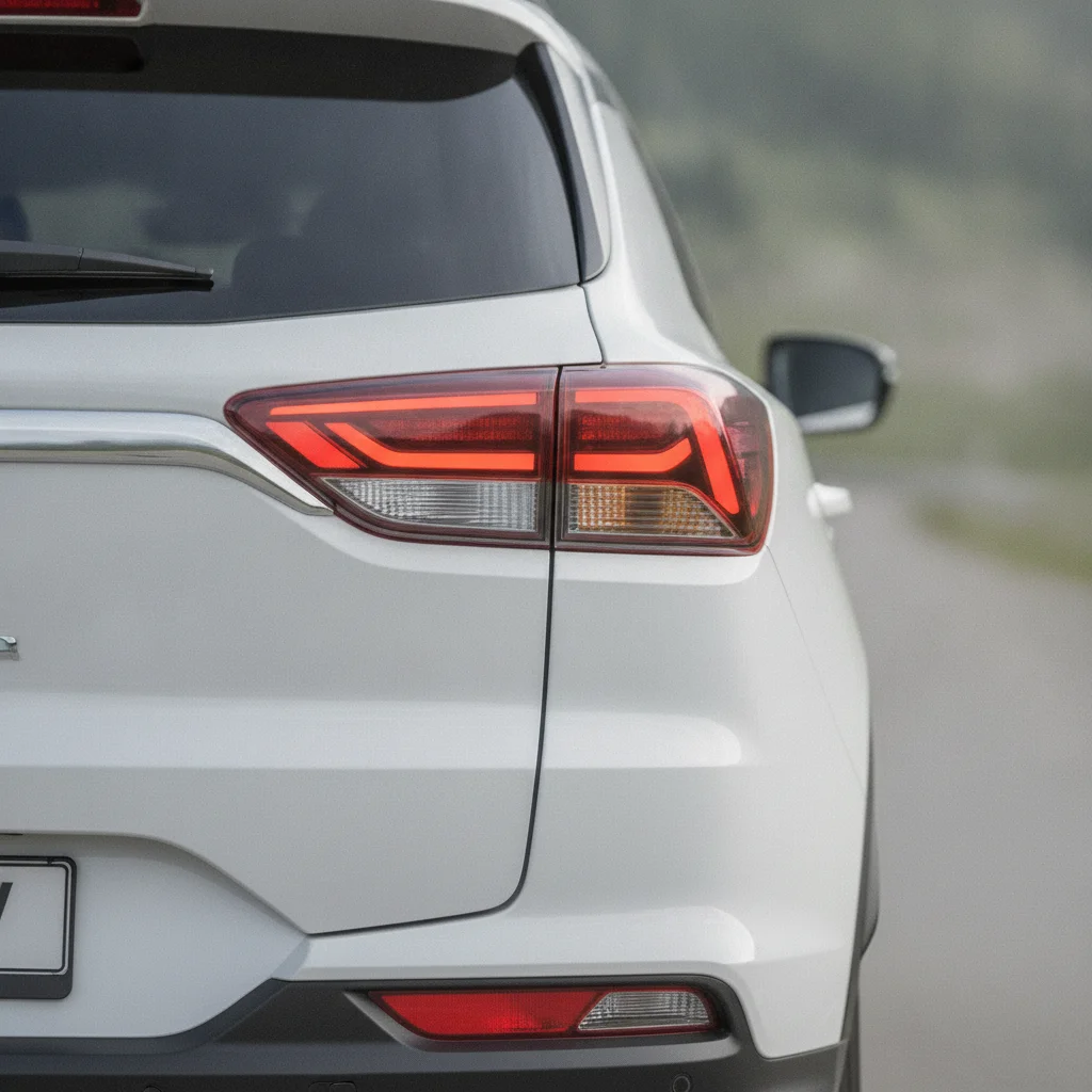 SsangYong Korando e-Motion Heckdetail auf einer Bergpass-Serpentine, jetzt verkaufen bei Aampere