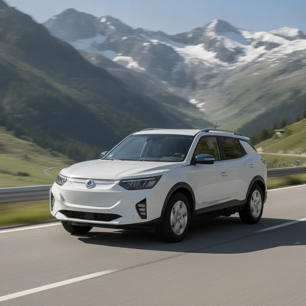 SsangYong Korando e-Motion in Fahrt auf einer Bergpass-Serpentine, jetzt verkaufen bei Aampere