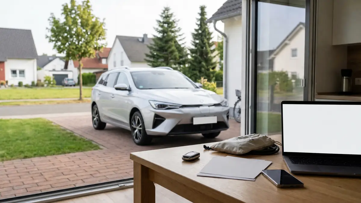 Unterlagen: Autoschlüssel und Fahrzeugunterlagen liegen bereit, draußen steht ein MG5 Electric.