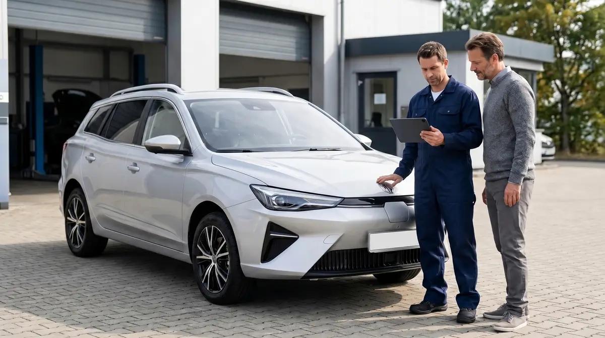 Mechaniker und E-Auto-Besitzer prüfen den Batteriezustand eines MG5 Electric vor dem Verkauf.