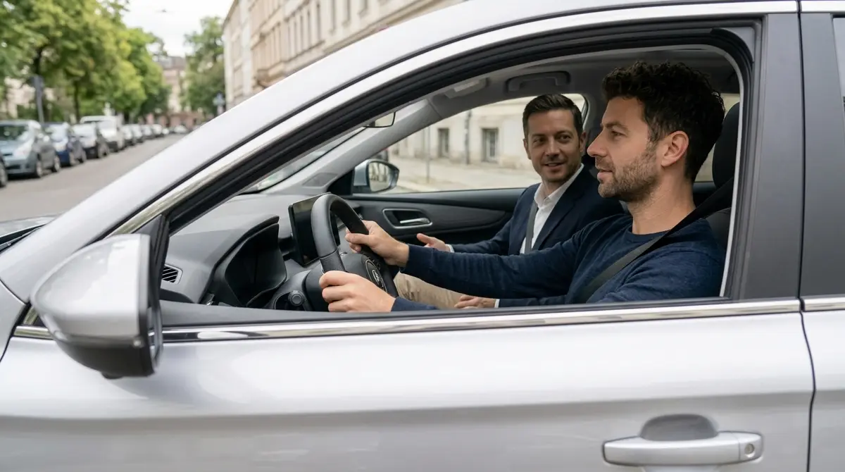Blick durch das Seitenfenster auf Besitzer und Händler während einer Probefahrt im MG5 Electric.