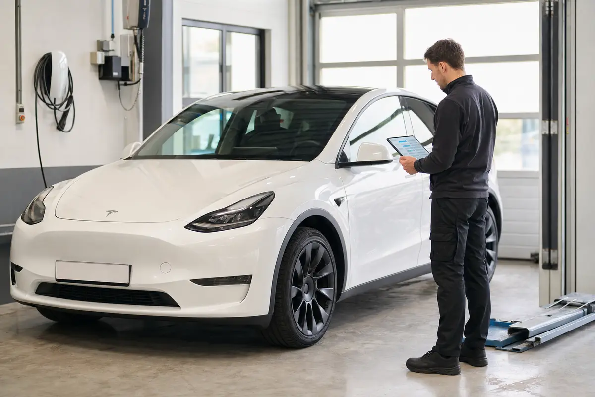 Techniker prüft einen weißen Tesla in der Werkstatt mit einem Tablet.