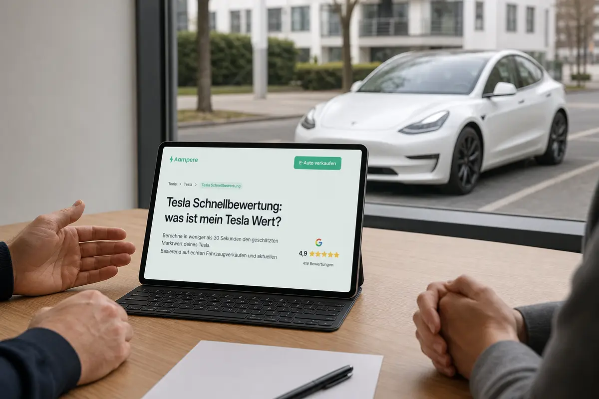 Tablet mit Tesla-Schnellbewertung von Aampere vor einem geparkten weißen Tesla.