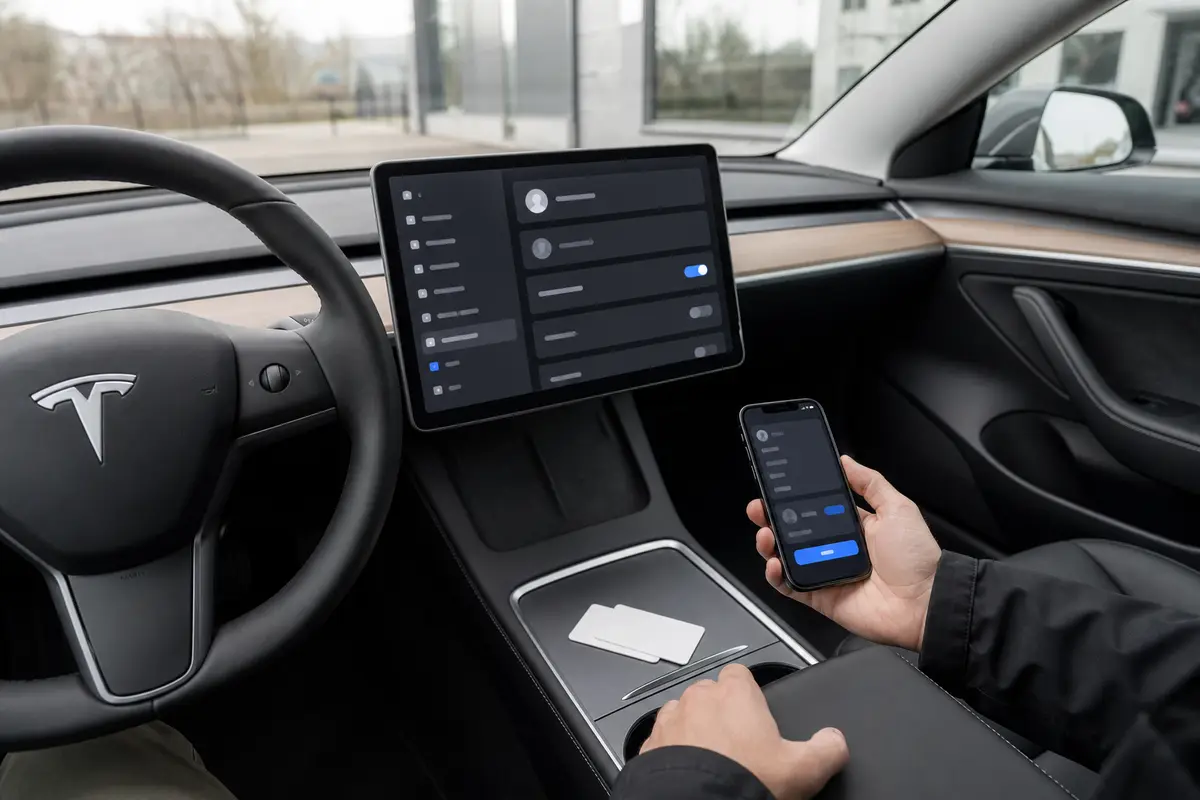 Tesla-Innenraum mit zentralem Display, Smartphone und Keycards vor der digitalen Fahrzeugübergabe.