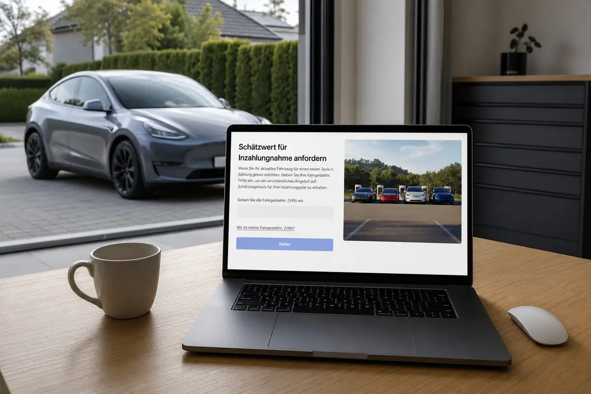 Laptop mit geöffnetem Formular zur Tesla-Inzahlungnahme, im Hintergrund steht ein grauer Tesla vor dem Haus.