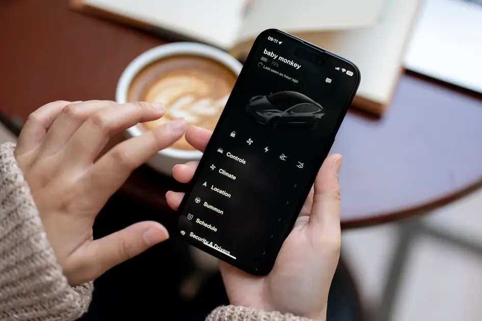 Nutzung der Tesla-App auf einem Handybildschirm